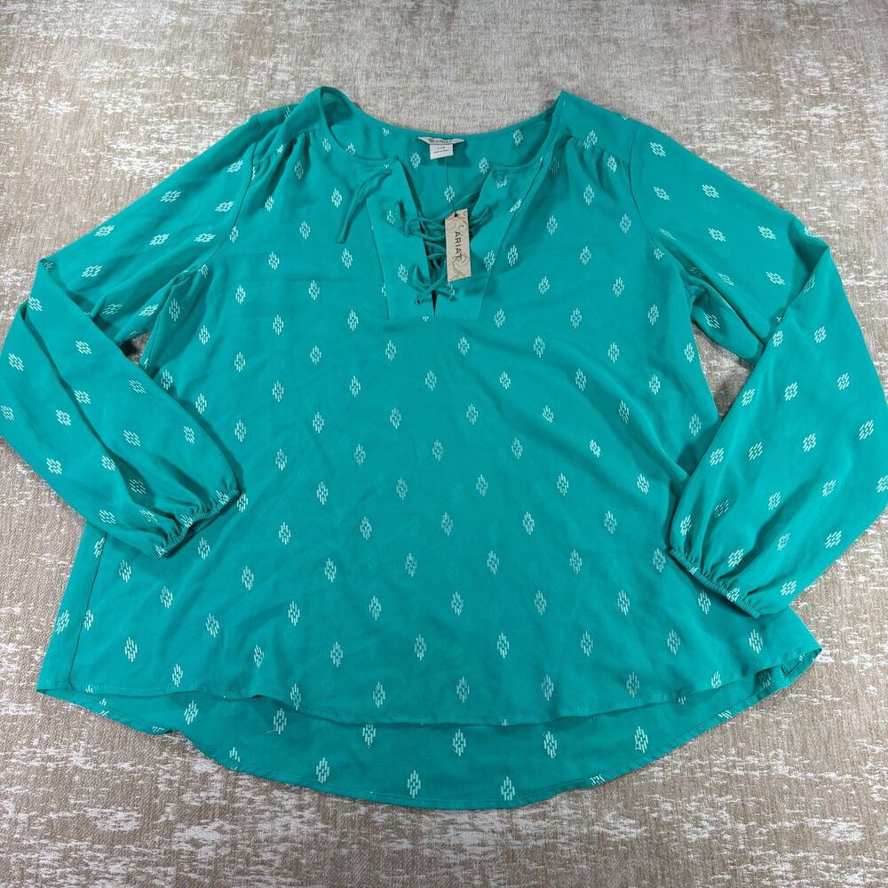 NWT Ariat Teal Geometric Lace-Up Long Sleeve Blouse Tunic - Size L
